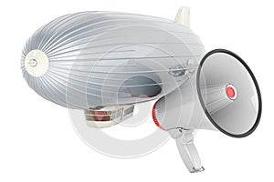Airship or dirigible balloon with megaphone, 3D rendering