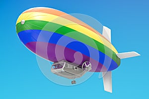 Airship or dirigible balloon with rainbow flag, 3D rendering