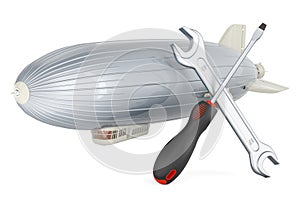 Airship or dirigible balloon with screwdriver and wrench, 3D rendering