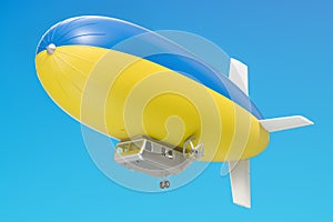 Airship or dirigible balloon with Ukrainian flag, 3D rendering