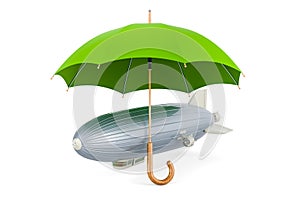 Airship or dirigible balloon under umbrella, 3D rendering