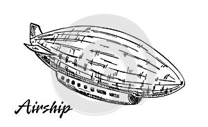 Airship sketch. Flying airship sketch style vector illustration. Old engraving imitation.