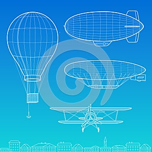 Airships, airplane and air balloon