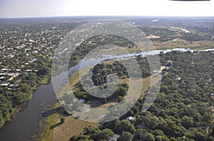 Airshot: Maun-City at the boarder of the Okavango-Delta river in