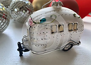 Airstream Christmas Ornament and Disco Ball on White Background