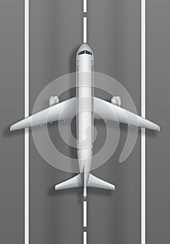 Airstrip with white airplane. Plane mockup top view. Travel agency advertisement poster design. Vector illustration