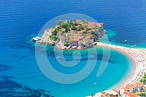 Airview at Sveti Stefan, small islet and hotel resort in Montenegro. Balkans, Adriatic sea, Europe