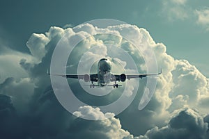 Airy Airplane flies clouds. Generate Ai