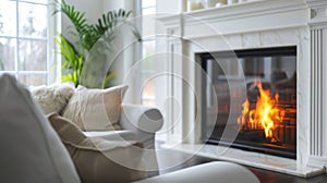 In this airy and bright living room a contemporary fireplace with a white marble mantel provides a striking contrast