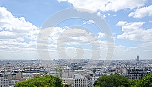 An airy panoramic view of Paris, France made from Montmartre Hill
