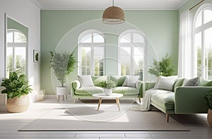 airy and spacious living room interior, natural light through windows, fresh houseplants, elegant and modern space