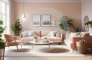 airy and spacious living room interior, natural light through windows, fresh houseplants, elegant and modern space