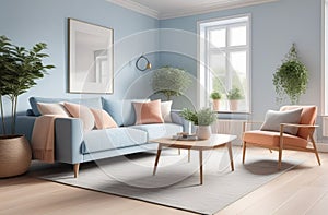 airy and spacious living room interior, natural light through windows, fresh houseplants, elegant and modern space