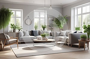 airy and spacious living room interior, natural light through windows, fresh houseplants, elegant and modern space