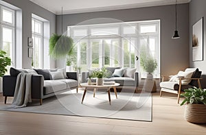 airy and spacious living room interior, natural light through windows, fresh houseplants, elegant and modern space