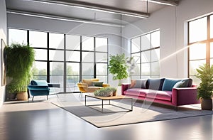 airy and spacious living room or lounge, big windows, fresh plants, stylish design