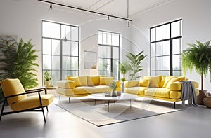 airy and spacious living room or lounge, white and yellow colored furniture, fresh plants, big windows, luxury