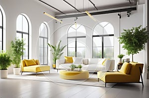 airy and spacious living room or lounge, white and yellow colored furniture, fresh plants, big windows, luxury