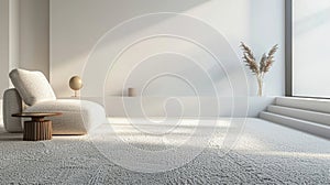 Airy and sunlit room with a plush white rug grounding the space. Essence of modern minimalism and comfort. Concept of