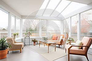 airy sunroom with glass walls and casual furniture