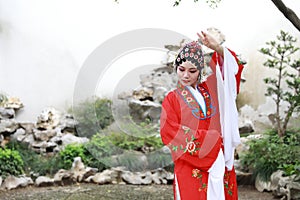 Aisa Chinese opera female Peking Beijing Opera Pavilion garden outdoor china traditional costume bride role drama play