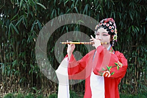 Aisa Chinese woman Peking Beijing Opera Costumes dress garden China traditional drama perform ancient Bamboo flute instruments