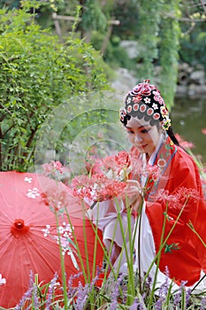 Aisa Chinese woman Peking Beijing Opera Costumes Pavilion garden China traditional role drama play bride dance perform