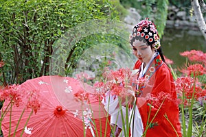 Aisa Chinese woman Peking Beijing Opera Costumes Pavilion garden China traditional role drama play bride dance perform