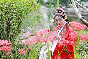 Aisa Chinese woman Peking Beijing Opera Costumes Pavilion garden China traditional role drama play bride dance perform fan