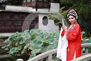 Aisa Chinese woman Peking Beijing Opera Costumes Pavilion garden China traditional role drama play bride dance perform fan ancient