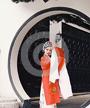 Aisa Chinese woman Peking Beijing Opera Costumes Pavilion garden China traditional role drama play bride dance perform fan ancient