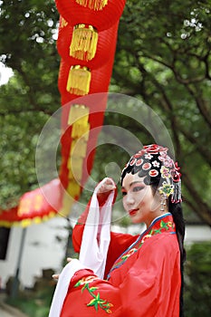 Aisa Chinese woman Peking Beijing Opera Costumes Pavilion garden China traditional role drama play bride dance perform fan lantern