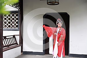 Aisa Chinese woman Peking Beijing Opera Costumes Pavilion garden China traditional role drama play bride red Umbrella