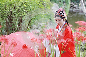 Aisa Chinese woman Peking Beijing Opera Costumes Pavilion garden China traditional role drama play bride red Umbrella