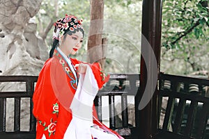 Aisa Chinese woman Peking Beijing Opera Costumes Pavilion garden China traditional role drama play dress dance perform ancient