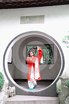 Aisa Chinese woman Peking Beijing Opera Costumes Pavilion garden China traditional role drama play dress dance perform fan ancient