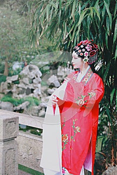 Aisa Chinese woman Peking Beijing Opera Costumes Pavilion garden China traditional role drama play dress dance perform fan ancient