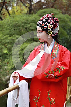 Aisa Chinese woman Peking Beijing Opera Costumes Pavilion garden China traditional role drama play dress dance perform fan ancient