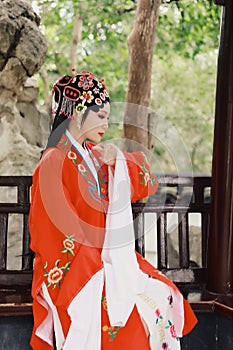 Aisa Chinese woman Peking Beijing Opera Costumes Pavilion garden China traditional role drama play dress dance perform fan ancient