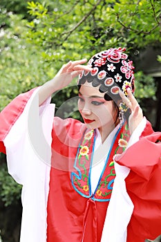 Aisa Chinese woman Peking Beijing Opera Costumes Pavilion garden China traditional role drama play dress perform ancient close-up