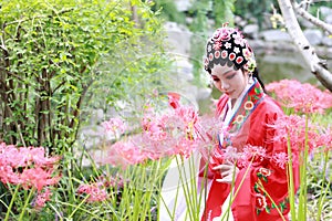 Aisa Chinese woman Peking Beijing Opera Costumes Pavilion garden China traditional role drama play manjusaka
