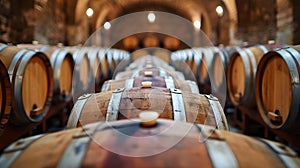 Aisle of Aged Barrels in Timeless Wine Cellar. Concept Wine Tasting, Aged Barrels, Cellar Tour,