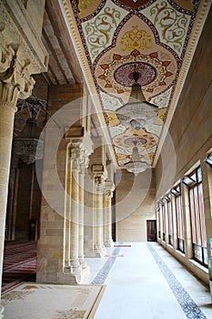 Aisle with crystal chandeliers in the Juma Mosque, Shamakhi, Azerbaijan