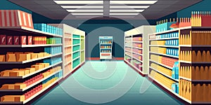 Aisle in grocery store and shelves with food vector background