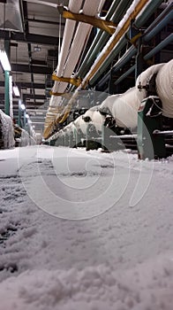 The aisle of a textile mill is unexpectedly graced with snow, offering a serene yet surreal atmosphere amidst the