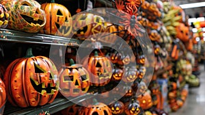 The aisles are filled with various options for Halloween decorations ranging from creepy spiders to whimsical pumpkins photo
