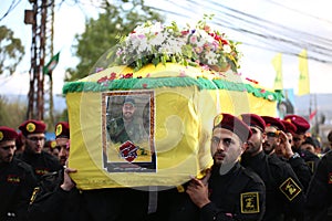 Hezbollah fighters in military clothes during Funeral of Hezbollah