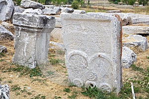 Aizonai antic city ruins with Zeus temple. Aizanoi ancient city in Cavdarhisar, Kutahya, Turkey.