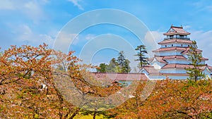 Aizu-Wakamatsu Castle with cherry blossom in Aizuwakamatsu, Japan