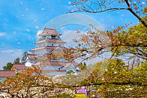 Aizu-Wakamatsu Castle and cherry blossom in Fukushima, Japan